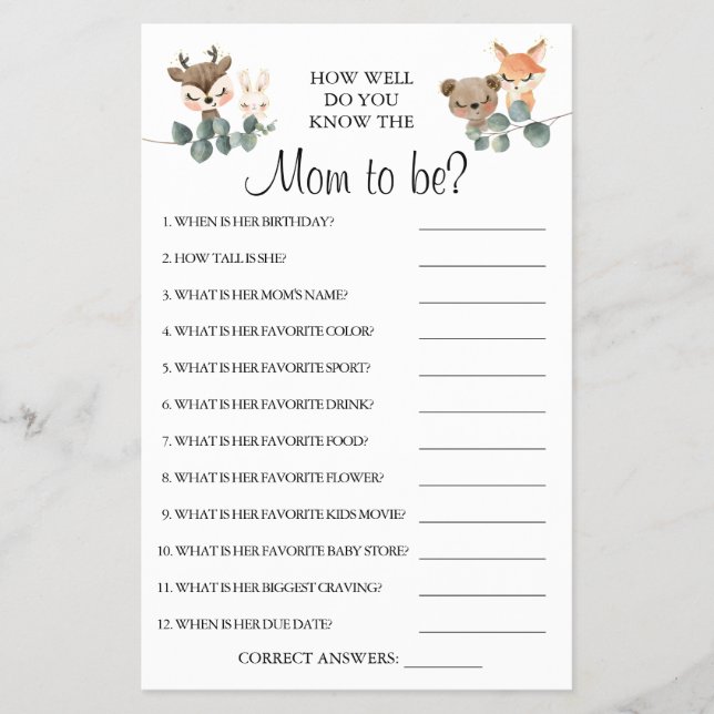 Woodland How well do you know Mom to be game card (Front)