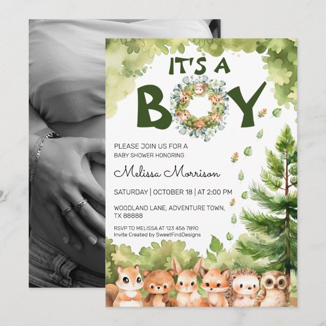 Woodland It's A Boy Rustic Greenery Baby Shower Invitation (Front/Back)