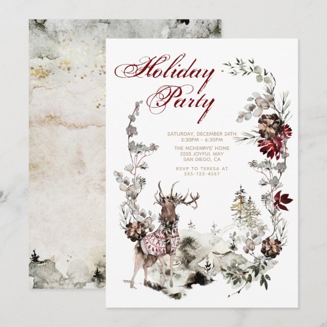 Woodland Joy Christmas Deer Floral Holiday Party Invitation (Front/Back)