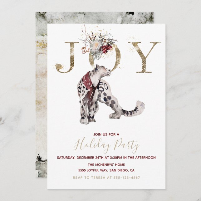 Woodland Joy Snow leopard Holiday Party Invitation (Front/Back)
