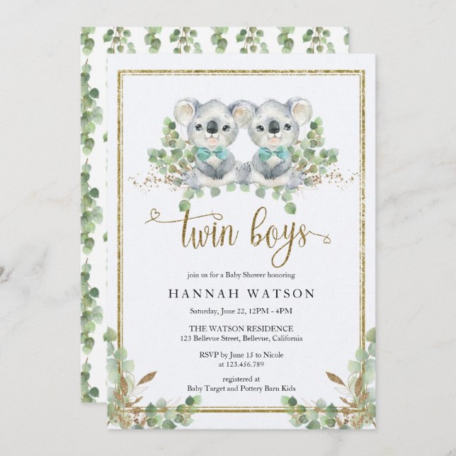 Woodland koala Eucalyptus Twin Boys Baby Shower Invitation (Front/Back)