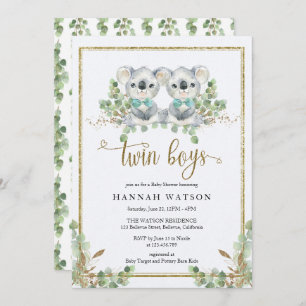 Woodland koala Eucalyptus Twin Boys Baby Shower Invitation