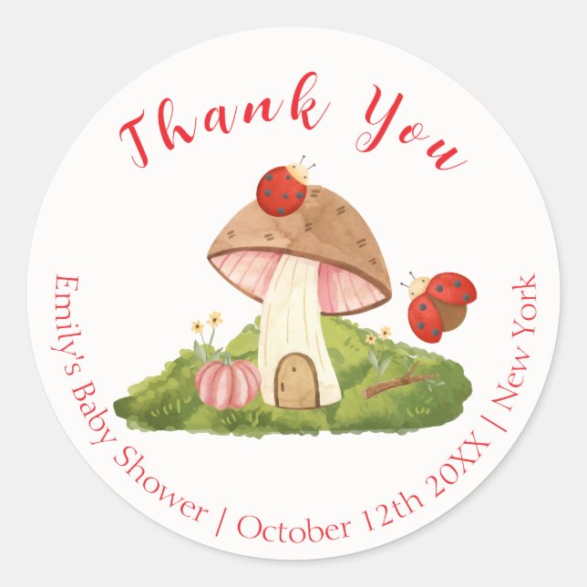 Woodland Ladybug Mushroom Baby Shower Thank You Classic Round Sticker (Front)