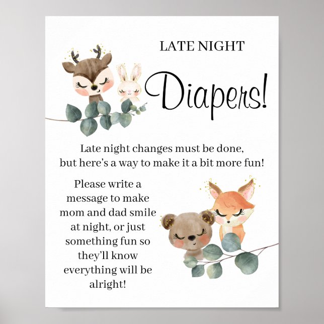 Woodland Late Night Diaper Baby shower game sign (Front)