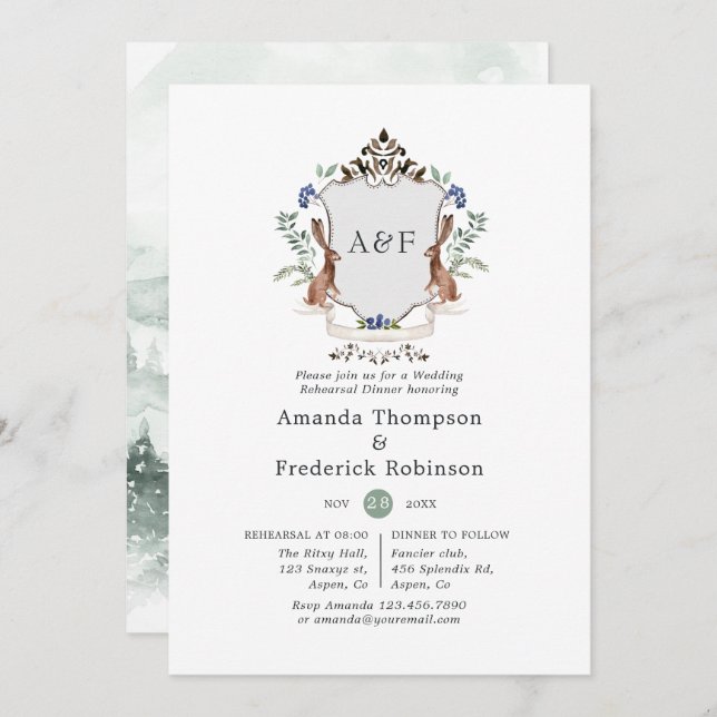 Woodland Laurel Crest Monogram Rehearsal Dinner Invitation (Front/Back)