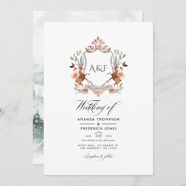 Woodland Laurel Crest Monogram Wedding Photo Invitation (Front/Back)