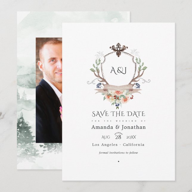Woodland Laurel Crest Monogram Wedding Photo Save The Date (Front/Back)