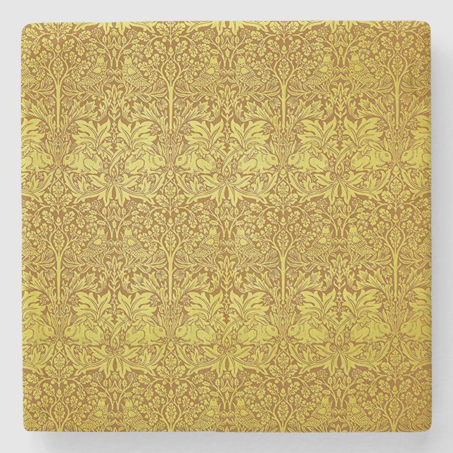 Woodland Leaves Gold Rabbit William Morris Pattern Stone Coaster (Front)