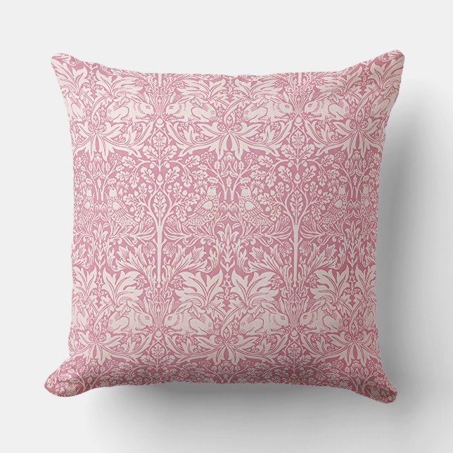 Woodland Leaves Pink Rabbit William Morris Pattern Cushion (Front)