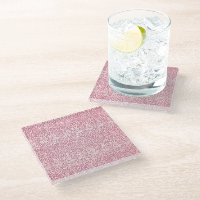 Woodland Leaves Pink Rabbit William Morris Pattern Glass Coaster (Angled)