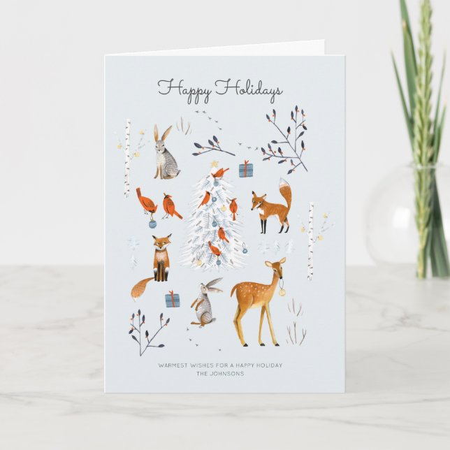 Woodland light blue Tree and animals Forest Holiday Card (Front)