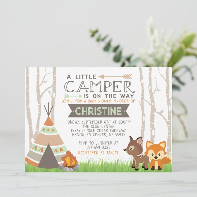 Woodland Little Camper Teepee Baby Shower Invitation (Standing Front)