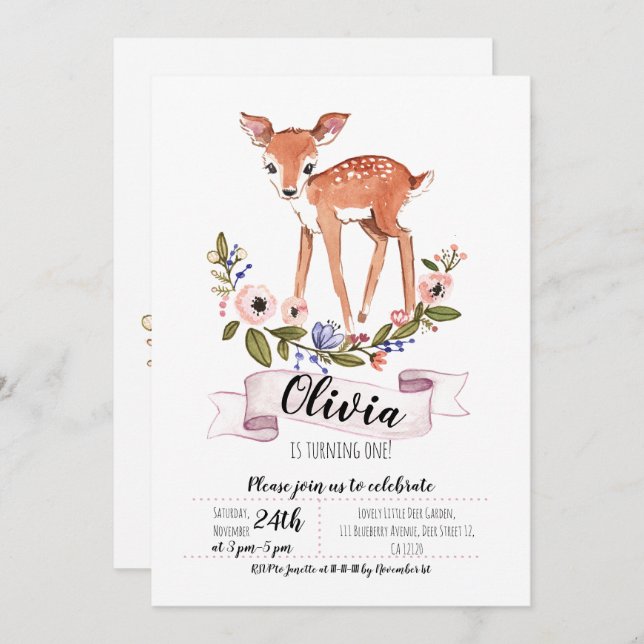 Woodland little  Deer first birthday invitation (Front/Back)