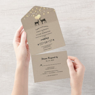 Woodland Love Deer Couple Strings of Light Wedding All In One Invitation