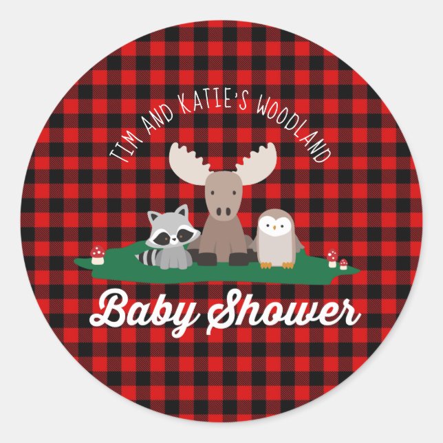 Woodland Lumberjack Baby Shower Animals Red Plaid Classic Round Sticker (Front)