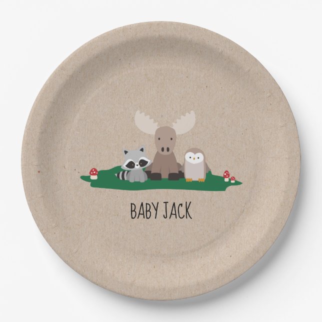 Woodland Lumberjack Baby Shower Animals Rustic Paper Plate (Front)