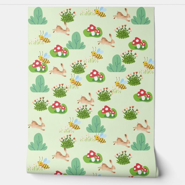 Woodland Meadow Nursery Wallpaper – Bunnies, Bees  (Unrolling)