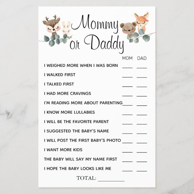 Woodland Mommy or Daddy He said She Said game card (Front)