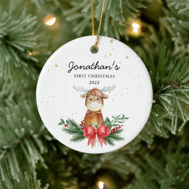Woodland Moose Baby's First Christmas Ceramic Ornament (Tree)
