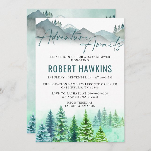 Woodland Mountain Adventure Awaits Baby Shower Invitation (Front/Back)