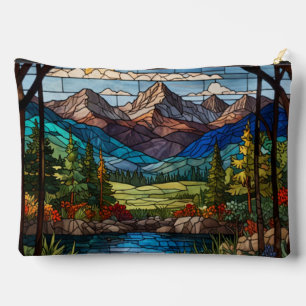 Woodland mountain scene vintage stain glass accessory pouch