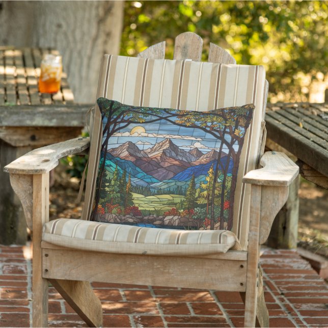 Woodland mountain scene vintage stain glass cushion (Chair)