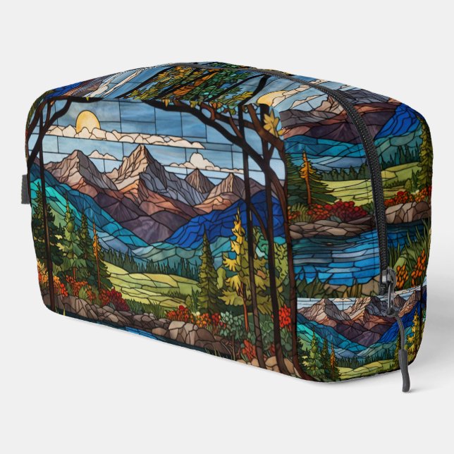 Woodland mountain scene vintage stain glass dopp kit (Right Corner)