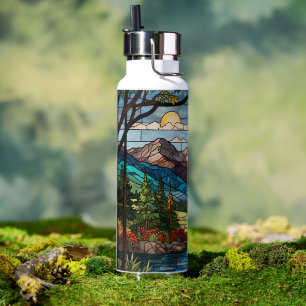 Woodland mountain scene vintage stain glass water bottle