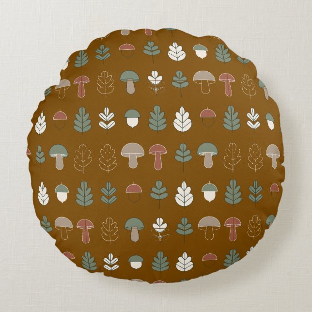 Woodland Mushroom & Acorn Pattern Bedding Round Cushion (Front)