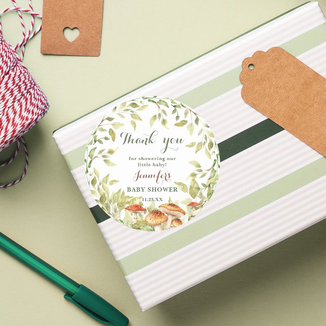 Woodland Mushroom Baby Shower Thank You Classic Round Sticker (Creator Uploaded)
