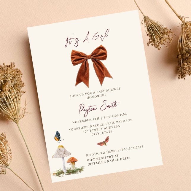 Woodland Mushroom Bow Girl Baby Shower Invitation (Creator Uploaded)