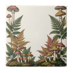 Woodland Mushroom Fern Botanical Border Design Ceramic Tile