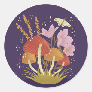 Woodland Mushroom Floral Illustration Classic Round Sticker