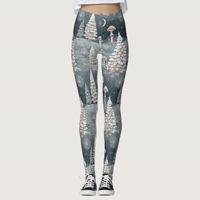Woodland Mushroom Winter Forest Pattern Leggings (Front)