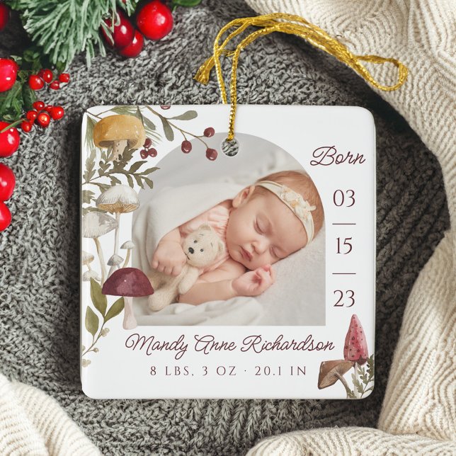 Woodland Mushrooms Baby Birth Stats Photo Ceramic Ornament (Woodland Mushrooms Baby Birth Stats Photo Ceramic Ornament)