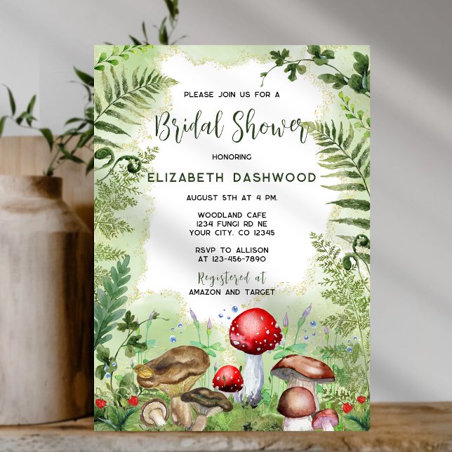 Woodland Mushrooms Ferns Forest Bridal Shower Invitation (Creator Uploaded)