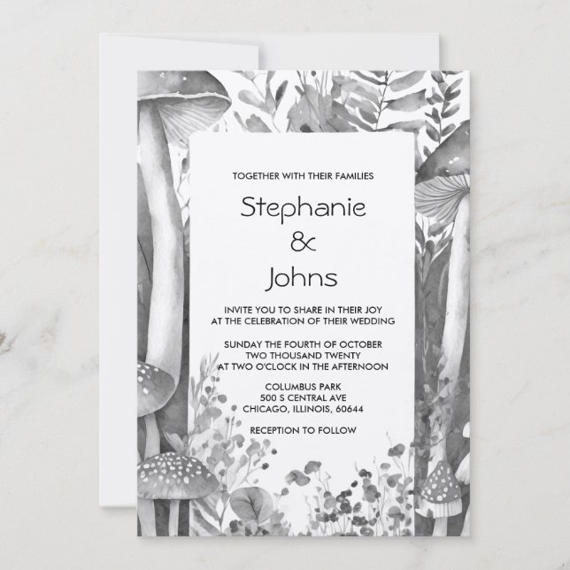 Woodland Mushrooms Grey Black White Silver Wedding Invitation (Front)