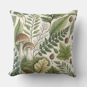 Woodland Mushrooms Pinecones Ferns Autumn Pattern Cushion