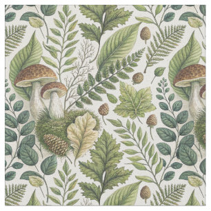 Woodland Mushrooms Pinecones Ferns Autumn Pattern Fabric