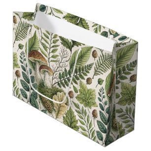 Woodland Mushrooms Pinecones Ferns Autumn Pattern Large Gift Bag