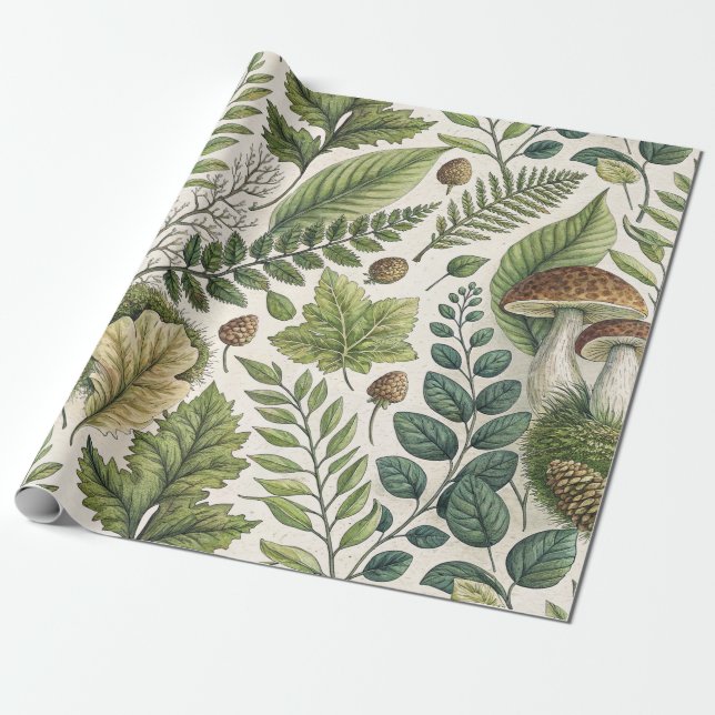 Woodland Mushrooms Pinecones Ferns Autumn Pattern Wrapping Paper (Unrolled)