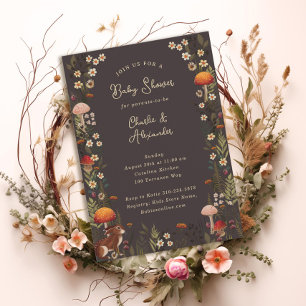 woodland mushrooms wildflowers grey baby shower  invitation