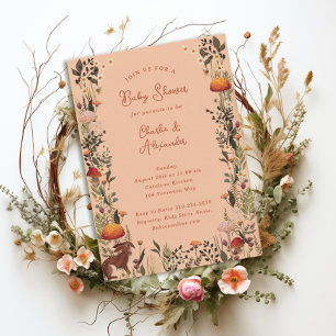 woodland mushrooms wildflowers peach baby shower invitation
