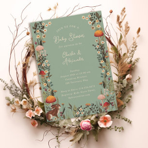 woodland mushrooms wildflowers sage baby shower invitation