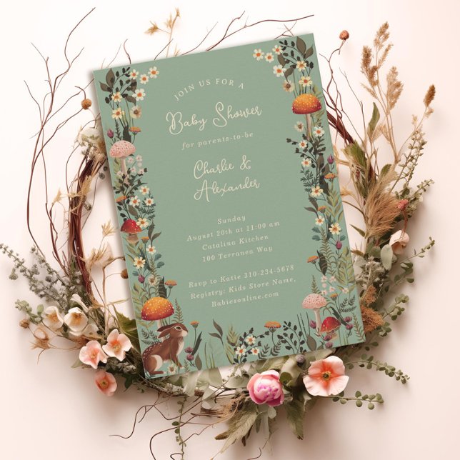 woodland mushrooms wildflowers sage baby shower  invitation (Creator Uploaded)