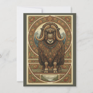 Woodland Musk Ox Nordic Folk Art Flat Thank You Card