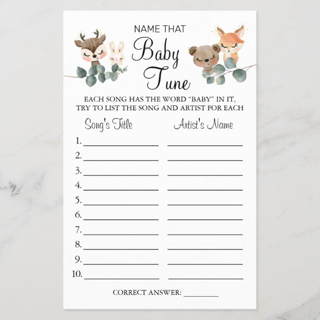 Woodland Name that baby tune shower game card (Front)