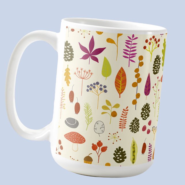 Woodland Nature Coffee Mug (Autumn fall nature pattern coffee mug with leaves, berries,  mushrooms and toadstools)