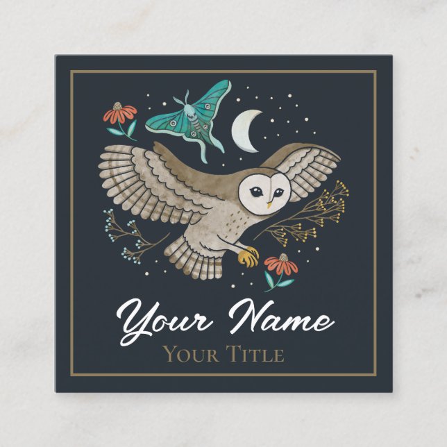 Woodland Night Barn Owl & Luna Moth Square Business Card (Front)