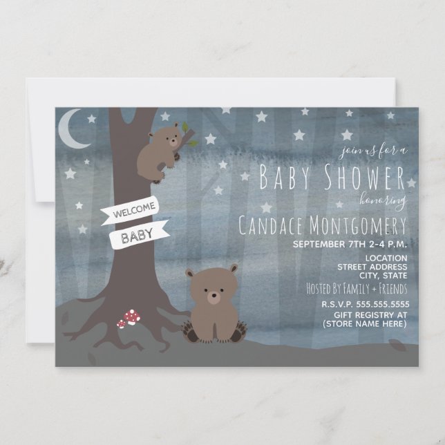Woodland Night Bear Neutral Baby Shower Invitation (Front)